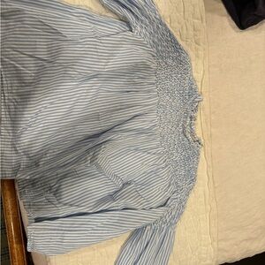 Anthropologie Blue and White Casual Button Down Shirt with Ruching